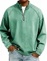 Detail of men's vintage washed green cotton top with half-zip henley collar - Green