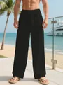 Men's casual black loose linen drawstring holiday trousers for beach vacation wear - S / Bottoms / Black