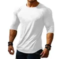 Close-up of a white men's slim fit crew neck long sleeve T-shirt with a curved hem. - S / Tops / White
