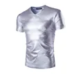 Gedetailleerde weergave van heren slim fit metallic zilveren T-shirt met V-hals - L / Tops / Zilver