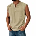 Macro view of khaki men's Henley sleeveless vest with pocket and white buttons - S / Tops / Apricot