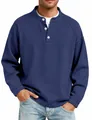 Close-up of men's retro washed cotton Henley shirt with buttons and raglan sleeves. - Sapphire Blue