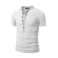Detailed close-up of men's slim fit white Henley T-shirt with grey patchwork collar - S / Tops / White