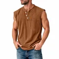 Detailed view of a brown men's Henley sleeveless tank top with three buttons and pocket - Coffee