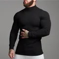 Men's slim fit black ribbed turtleneck long sleeve t-shirt for fitness and casual wear. - M / Tops / Black