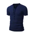 Detailed view of a slim fit navy blue men's short-sleeve Henley shirt with a button placket - S / Tops / Dark Blue