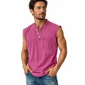 Muscle fit men's pink Henley sleeveless shirt with pocket and buttons detail - S / Tops / Pink