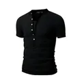 Detailed view of men's slim fit black short sleeve Henley T-shirt featuring buttoned collar - S / Tops / Black