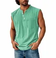 Macro view of men's mint green sleeveless Henley tank top with buttoned neck and pocket - Light Green