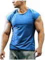 Detail showing the fit and heather texture of a blue men's athletic sleeveless t-shirt - S / Tops / Sapphire Blue