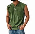 Close-up of men's army green sleeveless Henley shirt with buttons and chest pocket. - Army Green