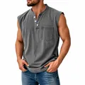 Macro detail of men's gray sleeveless Henley shirt featuring three buttons and chest pocket - S / Tops / Gray