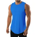 Close-up of a vibrant blue slim fit men's workout tank top with a curved hem. - Blue