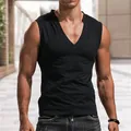 Detailed view of men's slim fit black V-neck sleeveless T-shirt on a muscular model - S / Tops / Black