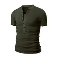Slim fit men's olive green Henley T-shirt with contrast collar stitching - S / Tops / Army Green