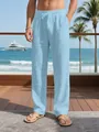 Men's breathable light blue linen loose trousers with drawstring for casual beach resort wear - Light Blue