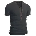 Men's slim fit short sleeve Henley T-shirt in charcoal grey with stylish contrast collar trim - Dark Gray
