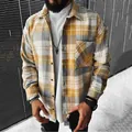 Camisa casual de manga larga para hombre con cuadros amarillos y grises y bolsillo - Cuadros Amarillo Gris Blanco