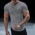 Slim fit men's V-neck short sleeve T-shirt in solid grey casual style. - Gray