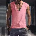 Men's pink deep V-neck sleeveless tank top, slim fit breathable casual cotton vest. - S / Tops / Pink