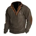 Men's outdoor brown ribbed tactical sweatshirt featuring a leather trim stand collar detail - S / Tops / Coffee