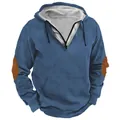 Casual blue men's hooded sweatshirt with brown elbow patches and white hood lining. - S / Tops / Navy Blue