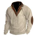 Detailed macro view of men's tactical beige sweater with faux leather trim and elbow patches - S / Tops / Off White