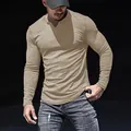 Casual men's long sleeve cotton T-shirt featuring a khaki ribbed texture and V-neck - S / Tops / Khaki