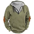 Close-up of olive green men's hooded sweatshirt featuring a quarter zipper and brown elbow patches - S / Tops / Army Green