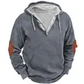 Detail of a casual men's hooded sweatshirt featuring retro elbow patches and drawstring. - S / Tops / Gray