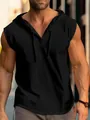Macro view of men's black sleeveless fitness hoodie featuring a drawstring hood and athletic fit - S / Tops / Black