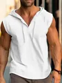 Close-up of white sleeveless hooded tank top with drawstrings on athletic male model - S / Tops / White