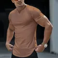 Men's casual V-neck T-shirt in light brown with curved hem and slim fit style. - S / Tops / Brown