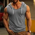Detailed shot of a grey sleeveless hooded muscle tank top with white drawstrings for men - S / Tops / Gray