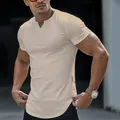 Slim fit men's casual V-neck short sleeve T-shirt in light beige with stylish curved hem - S / Tops / Apricot
