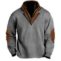 Warm men's tactical grey ribbed sweatshirt with leather collar and elbow patches - S / Tops / Gray