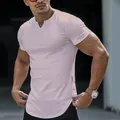 Men's casual V-neck short sleeve T-shirt with curved hem in light pink variant - S / Tops / Pink
