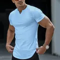 Slim fit light blue V-neck casual short sleeve t-shirt for men with curved hemline - Sky Blue