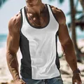 Athletic men's black and white patchwork tank top shown in a tropical beach setting - S / Tops / White