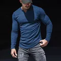Stylish men's slim fit blue long-sleeve ribbed T-shirt with a notched crew neck design - Navy Blue