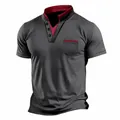 Close-up of men's grey Henley shirt with red contrast collar and chest pocket - S / Tops / Gray