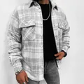 Camisa informal de manga larga para hombre con cuadros grises y blancos y bolsillos - Cuadros Gris Y Blanco