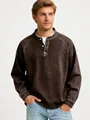 Premium men's vintage washed cotton Henley long sleeve shirt in deep coffee brown - Coffee