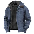 Detail view of men's blue hooded jacket with warm fleece lining and chest zipper pocket - S / Tops / Navy Blue