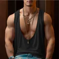 Mens deep V-neck sleeveless black tank top for summer sports and casual wear - S / Tops / Black