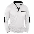 Detailed view of men's white Henley shirt with black contrast trim and elbow patches - S / Tops / Light Gray