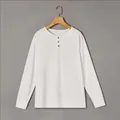 Classic white long-sleeved Henley T-shirt for men featuring a three-button neckline - S / Tops / White