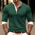 Slim fit green long-sleeve Henley shirt with white contrast collar and pocket. - S / Tops / Green