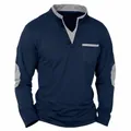 Detail of navy blue long sleeve t-shirt featuring grey spliced collar and chest pocket - S / Tops / Navy Blue