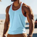 Close-up of men's slim-fit sporty tank top with red contrast trim and light blue body - Light Blue